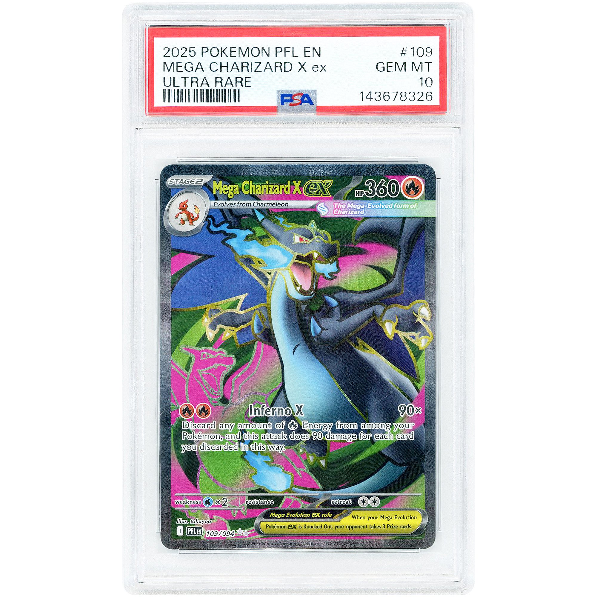 Mega Charizard X ex 2025 Pokemon Phantasmal Flames Ultra Rare #109 PSA Authenticated 10 Card