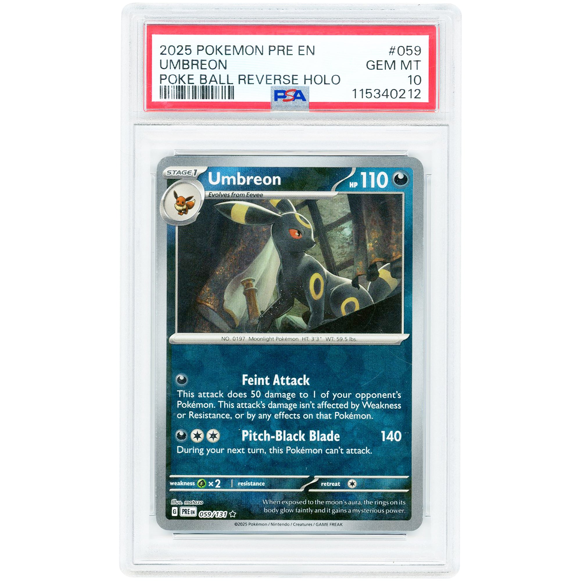 Umbreon 2025 Pokemon Prismatic Evolutions Poke Ball Pattern Rare #59 PSA Authenticated 10 Card