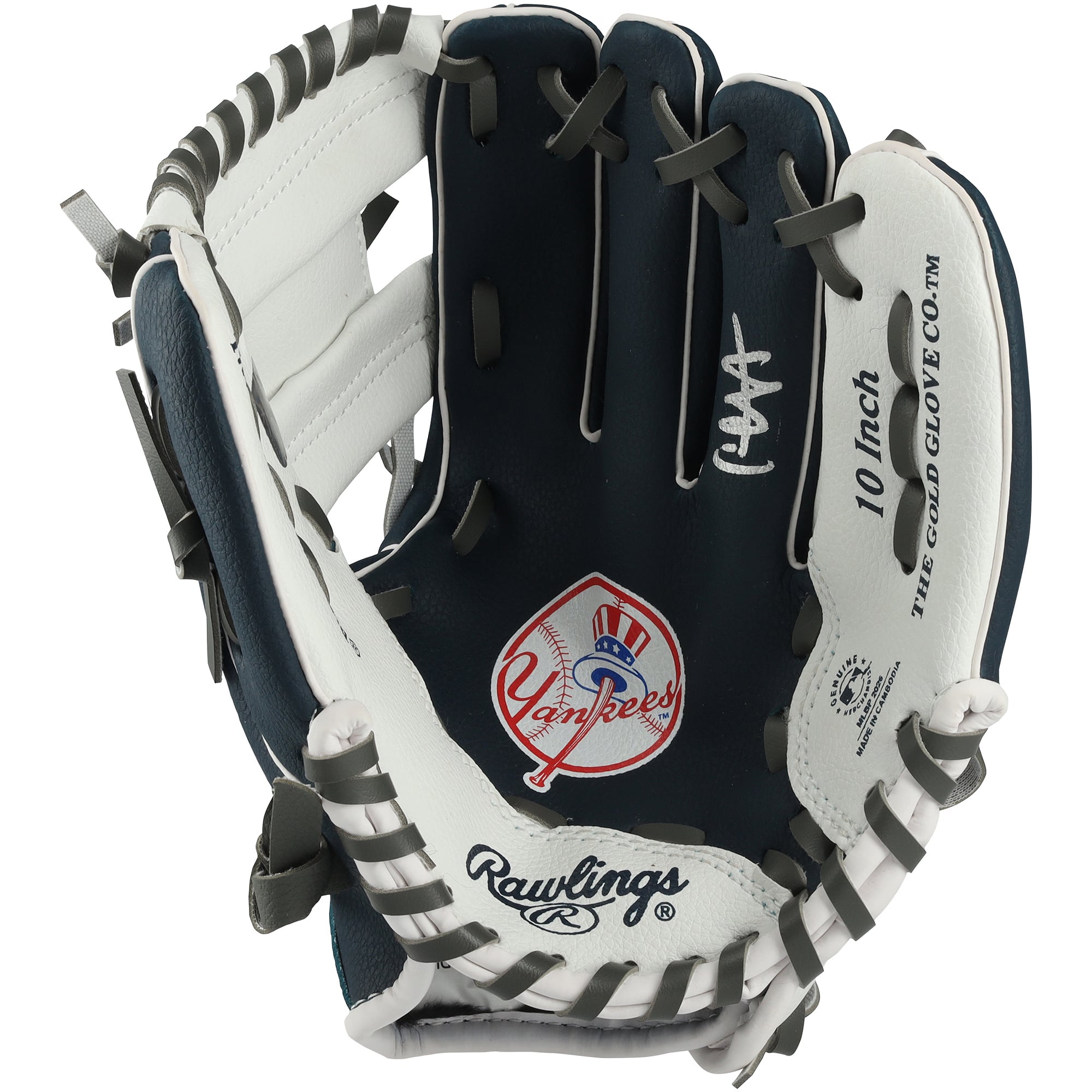 Guante coleccionable Rawlings de 10 pulgadas con el logo del equipo, autografiado por CC Sabathia de los New York Yankees.