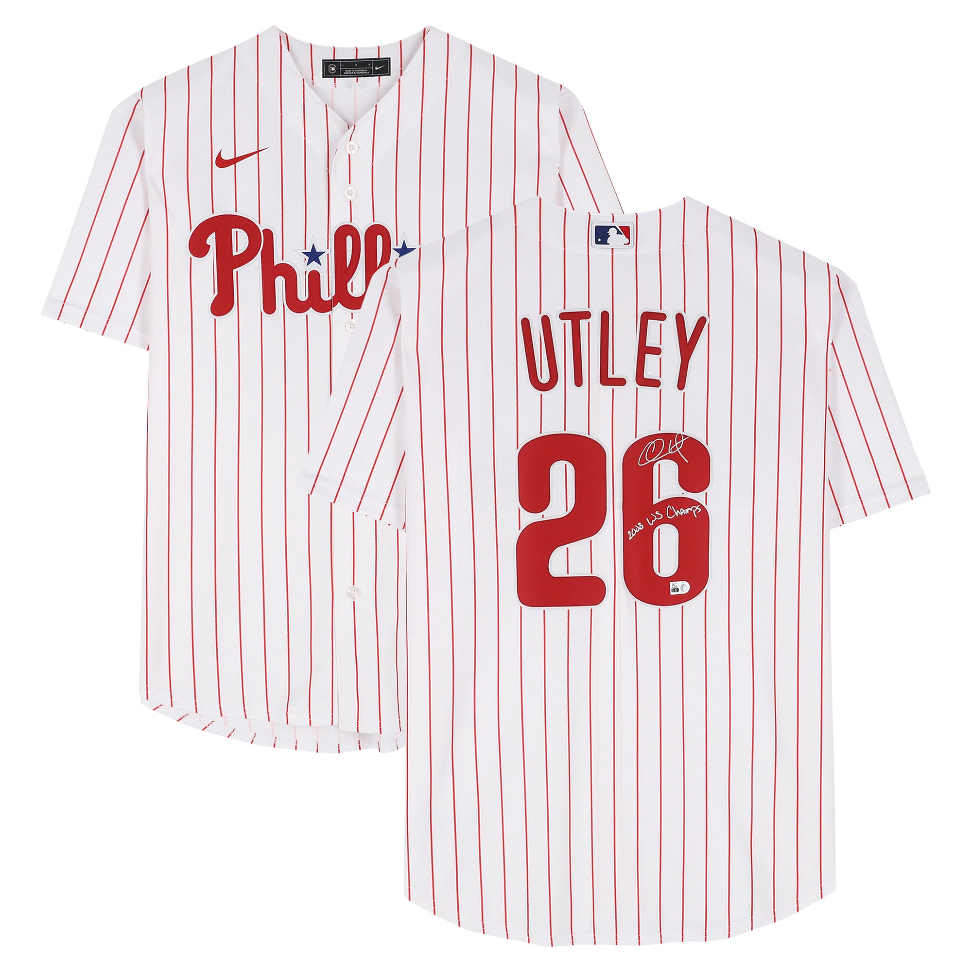 Chase Utley Philadelphia Phillies Autographed White Nike Replica Jersey with "2008 WS Champs" Inscription