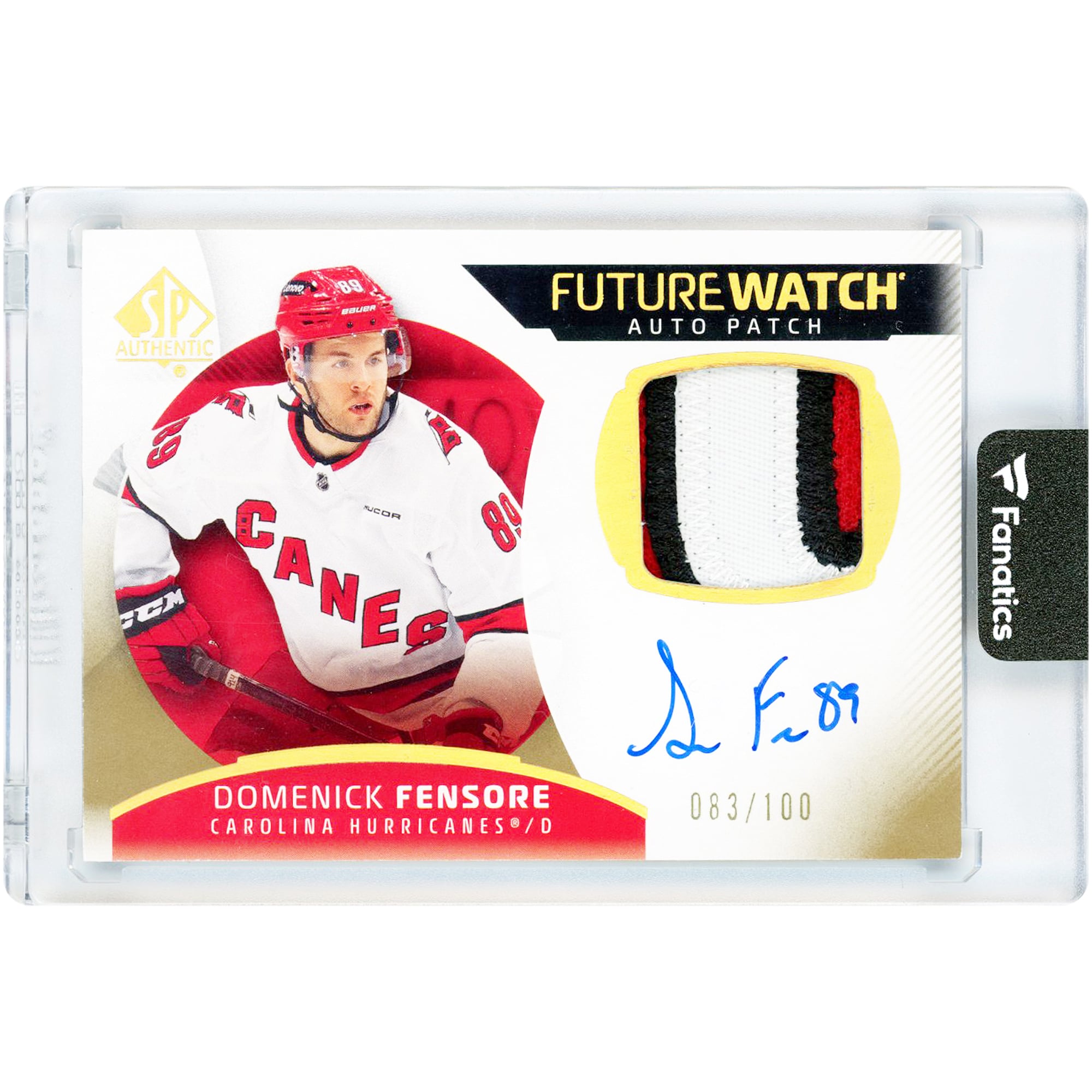 Domenick Fensore Carolina Hurricanes Autographed 2025-26 Upper Deck SP Authentic Future Watch Tri-Color Relic #156 #83/100 Rookie Card