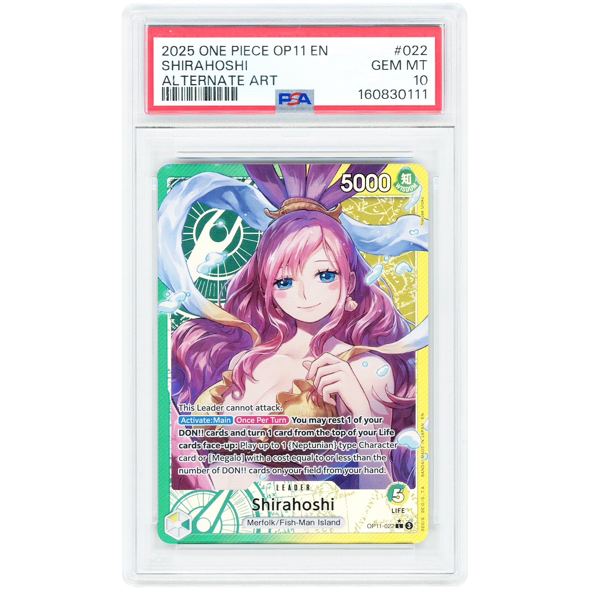 Shirahoshi 2025 One Piece A Fist of Divine Speed Alternate Art Leader #OP11-022 PSA Authenticated 10 Card