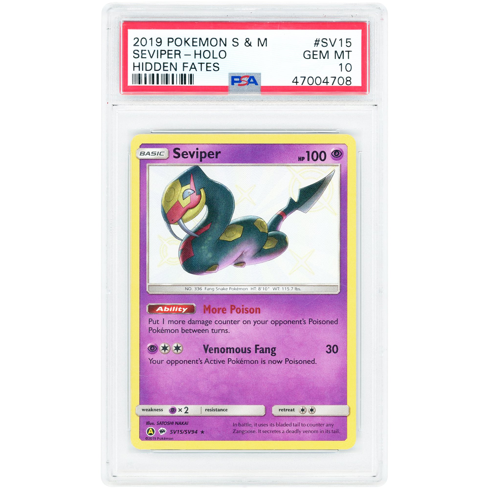Seviper 2019 Pokemon Hidden Fates Shiny Vault Shiny Holo Rare #SV15 PSA Authenticated 10 Card