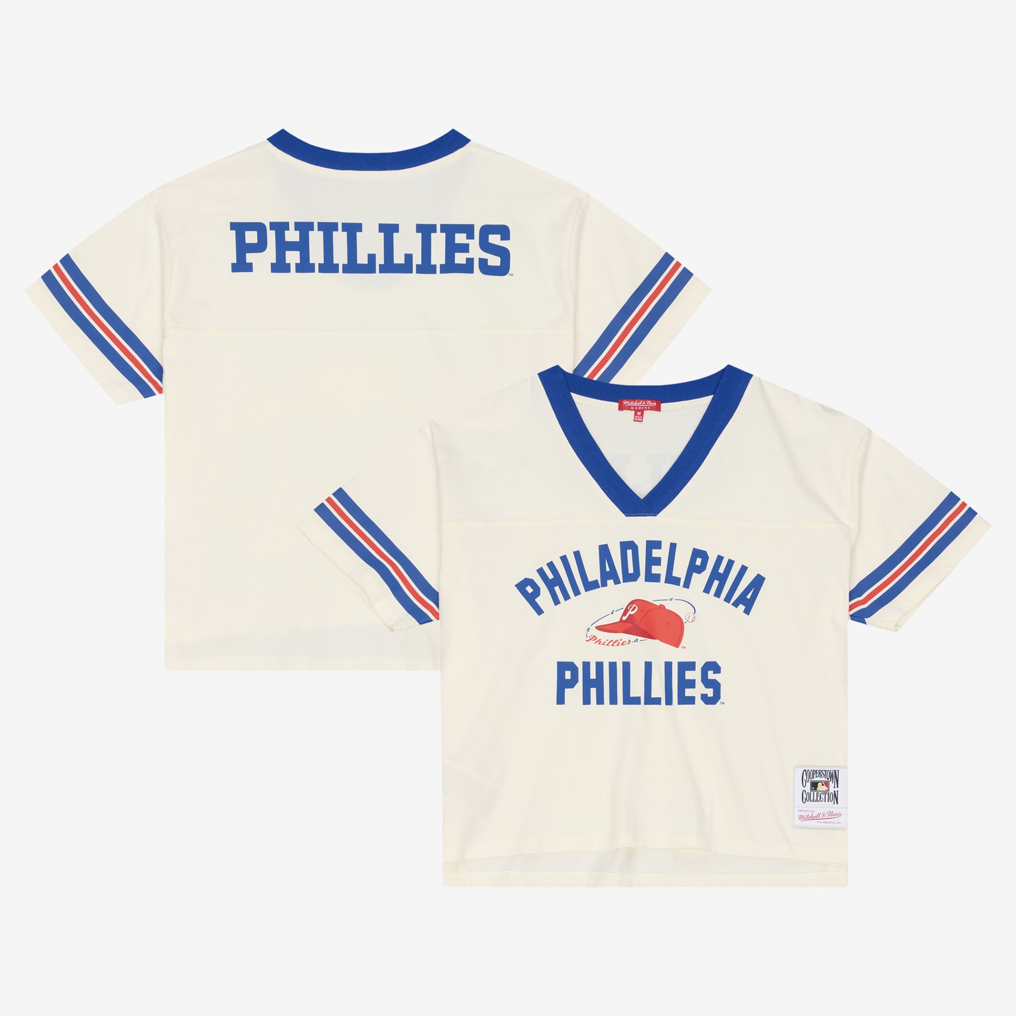 Women's Mitchell & Ness Cream Philadelphia Phillies Cooperstown Collection Retro Roots Crop Boxy Yoke T-Shirt