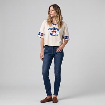 Women's Mitchell & Ness  Cream Philadelphia Phillies Retro Roots Hardwood Classics Cropped Boxy Yoke V-Neck T-Shirt