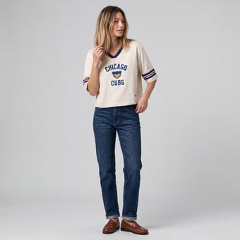 Women's Mitchell & Ness  Cream Chicago Cubs Retro Roots Hardwood Classics Cropped Boxy Yoke V-Neck T-Shirt