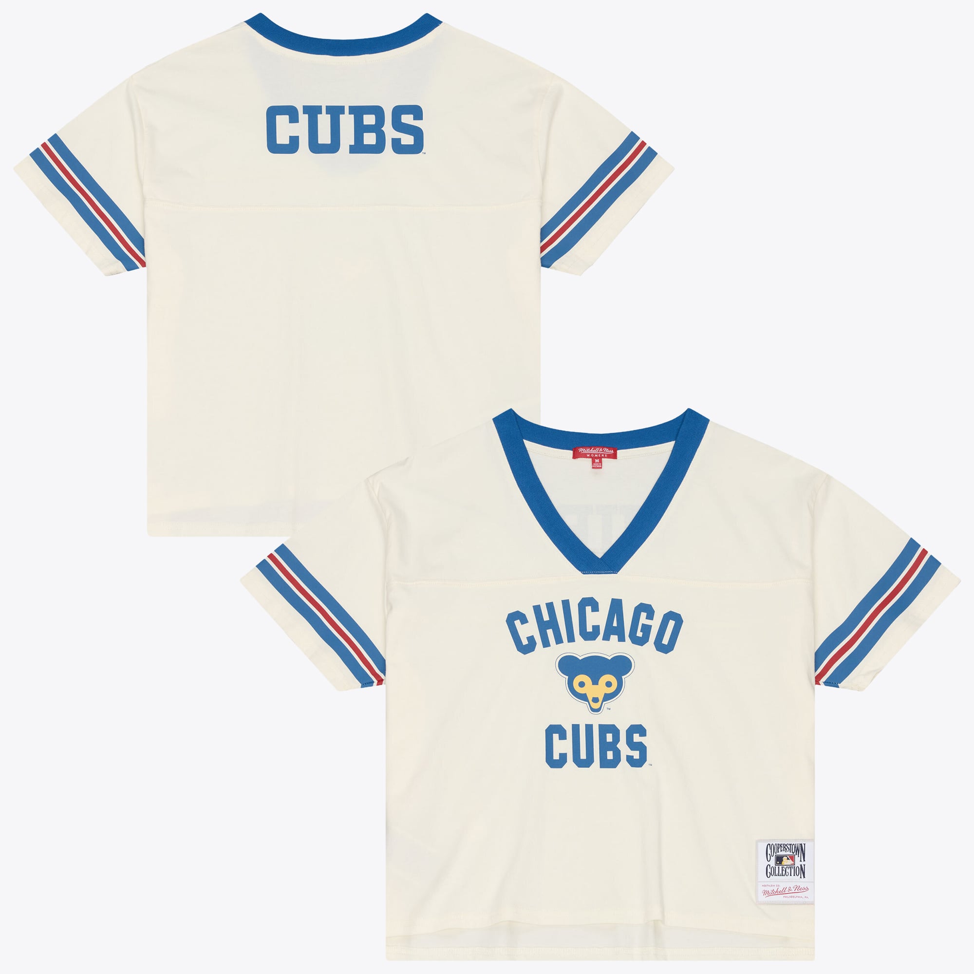 Women's Mitchell & Ness Cream Chicago Cubs Retro Roots Crop Boxy Yoke T-Shirt