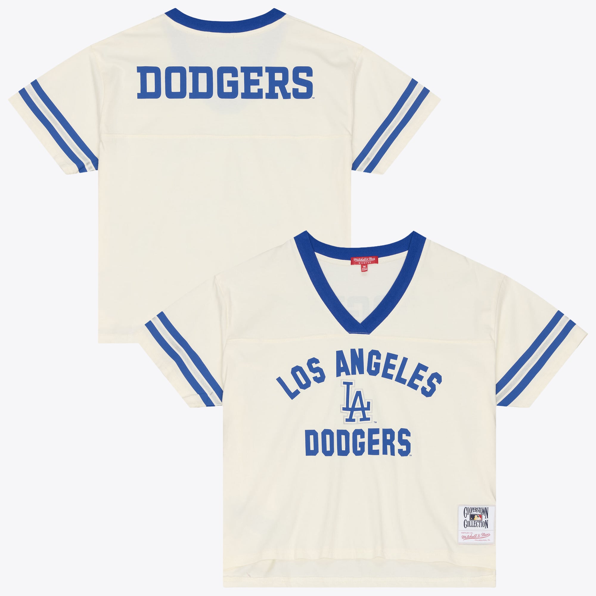 Women's Mitchell & Ness Cream Los Angeles Dodgers Cooperstown Collection Retro Roots Crop Boxy Yoke T-Shirt
