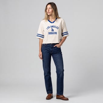 Women's Mitchell & Ness  Cream Los Angeles Dodgers Retro Roots Hardwood Classics Cropped Boxy Yoke V-Neck T-Shirt