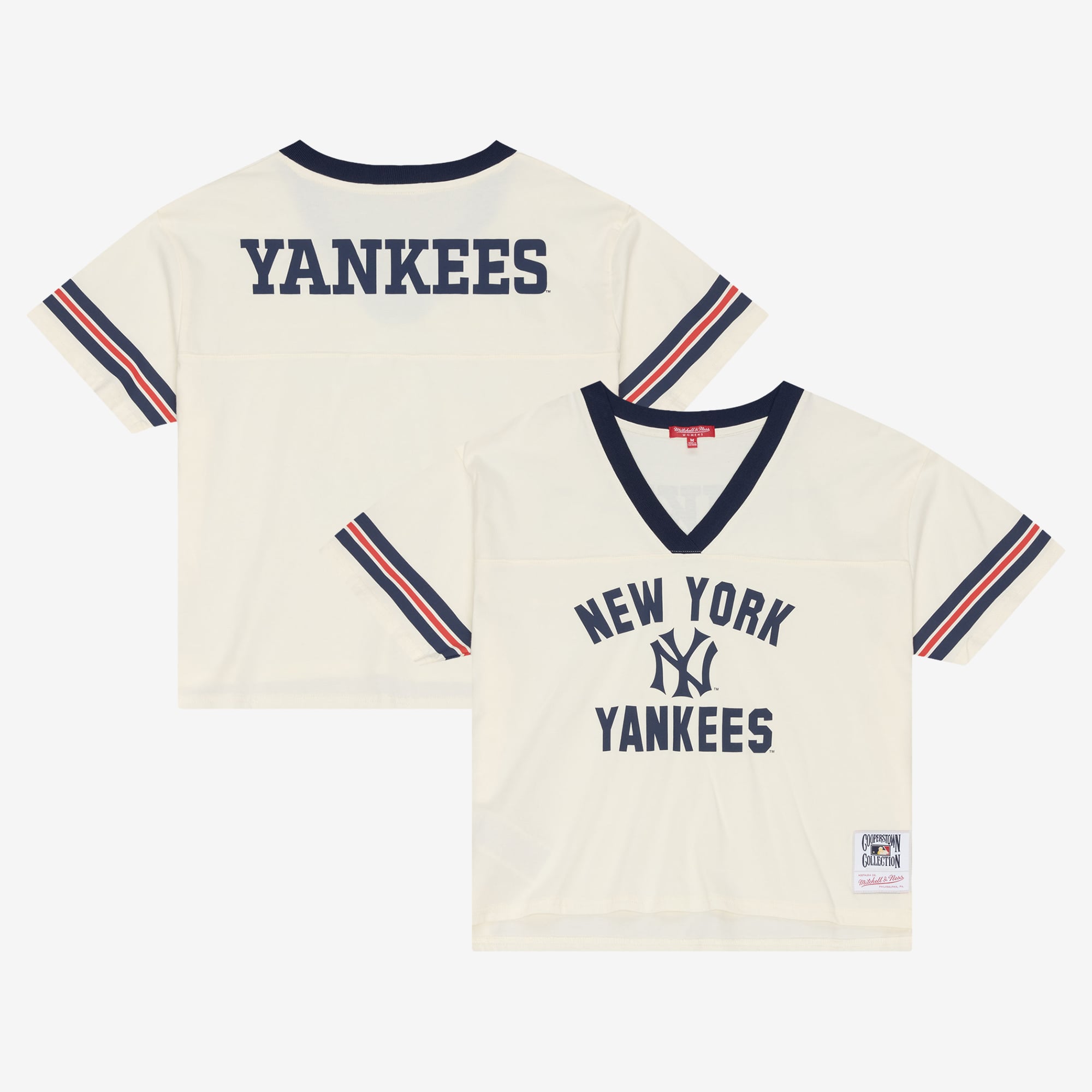 Women's Mitchell & Ness Cream New York Yankees Retro Roots Crop Boxy Yoke T-Shirt