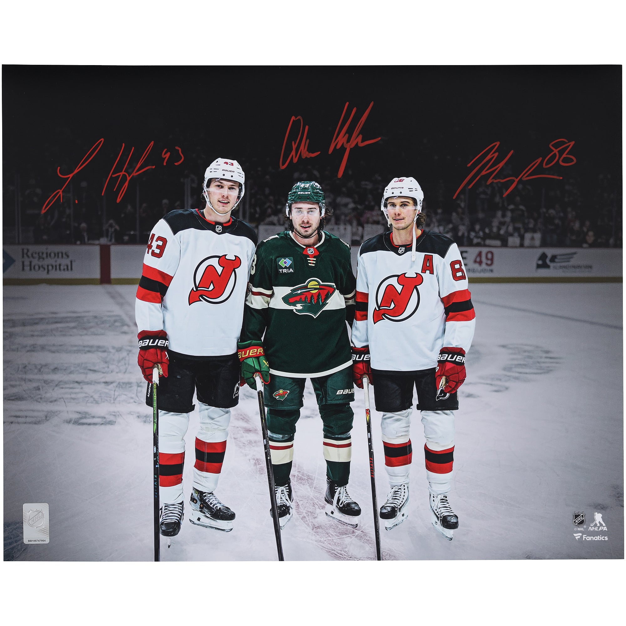 Quinn Hughes, Luke Hughes & Jack Hughes Autographed 16" x 20" Wild vs. Devils Pregame Photograph