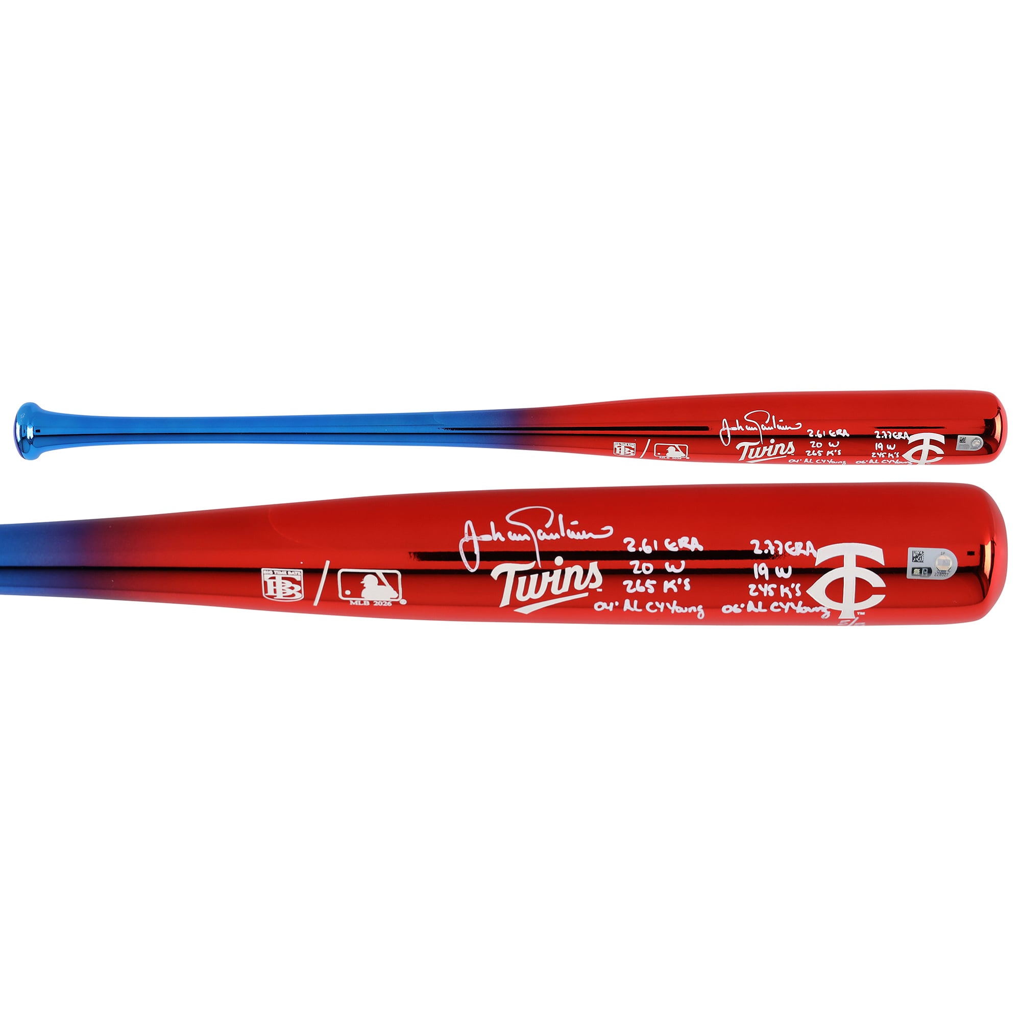 Bate cromado Big Time Bats autografiado por Johan Santana de los Minnesota Twins con múltiples inscripciones - Edición limitada #5/5