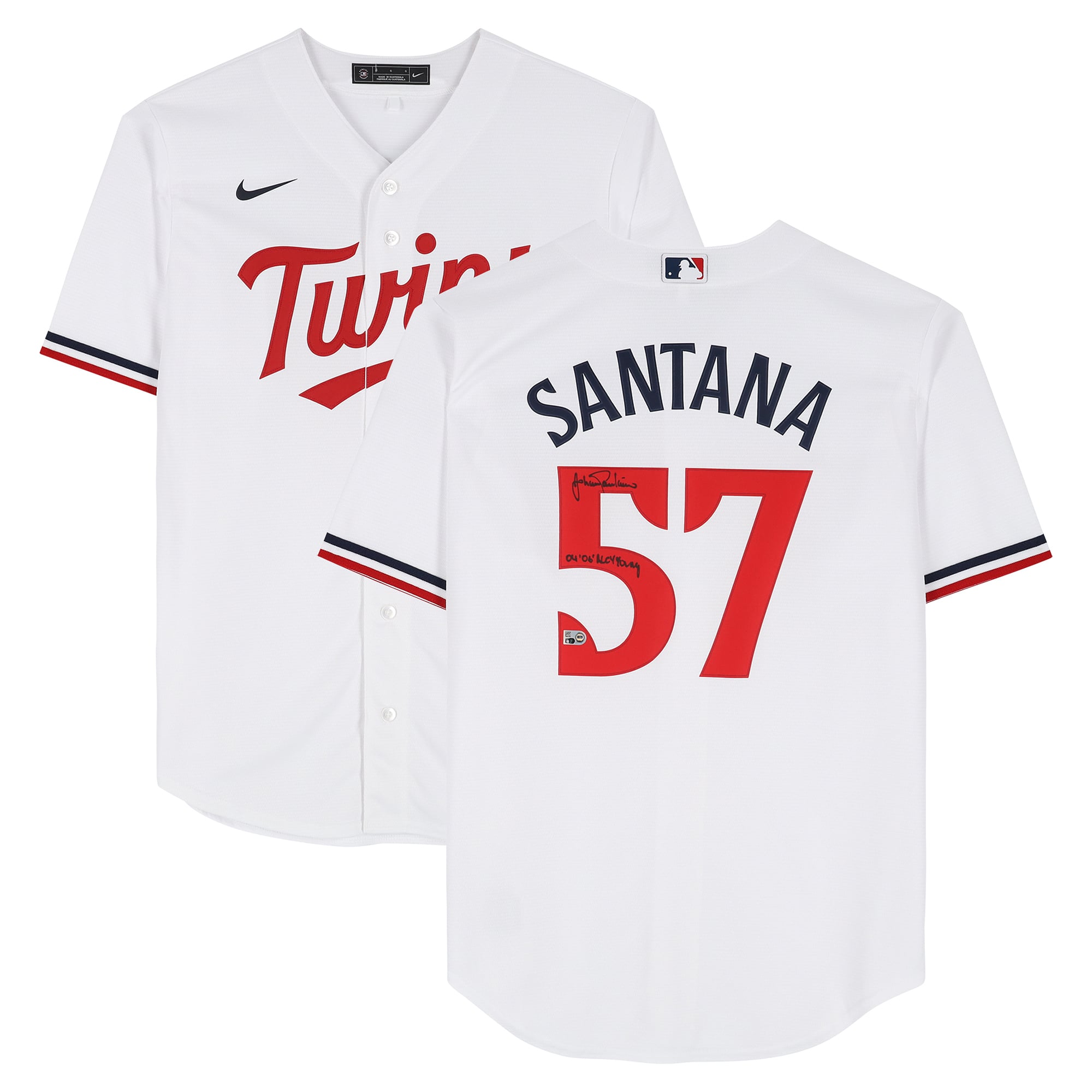 Johan Santana Minnesota Twins Autographed White Nike Replica Jersey with "04, 06 AL Cy Young" Inscription