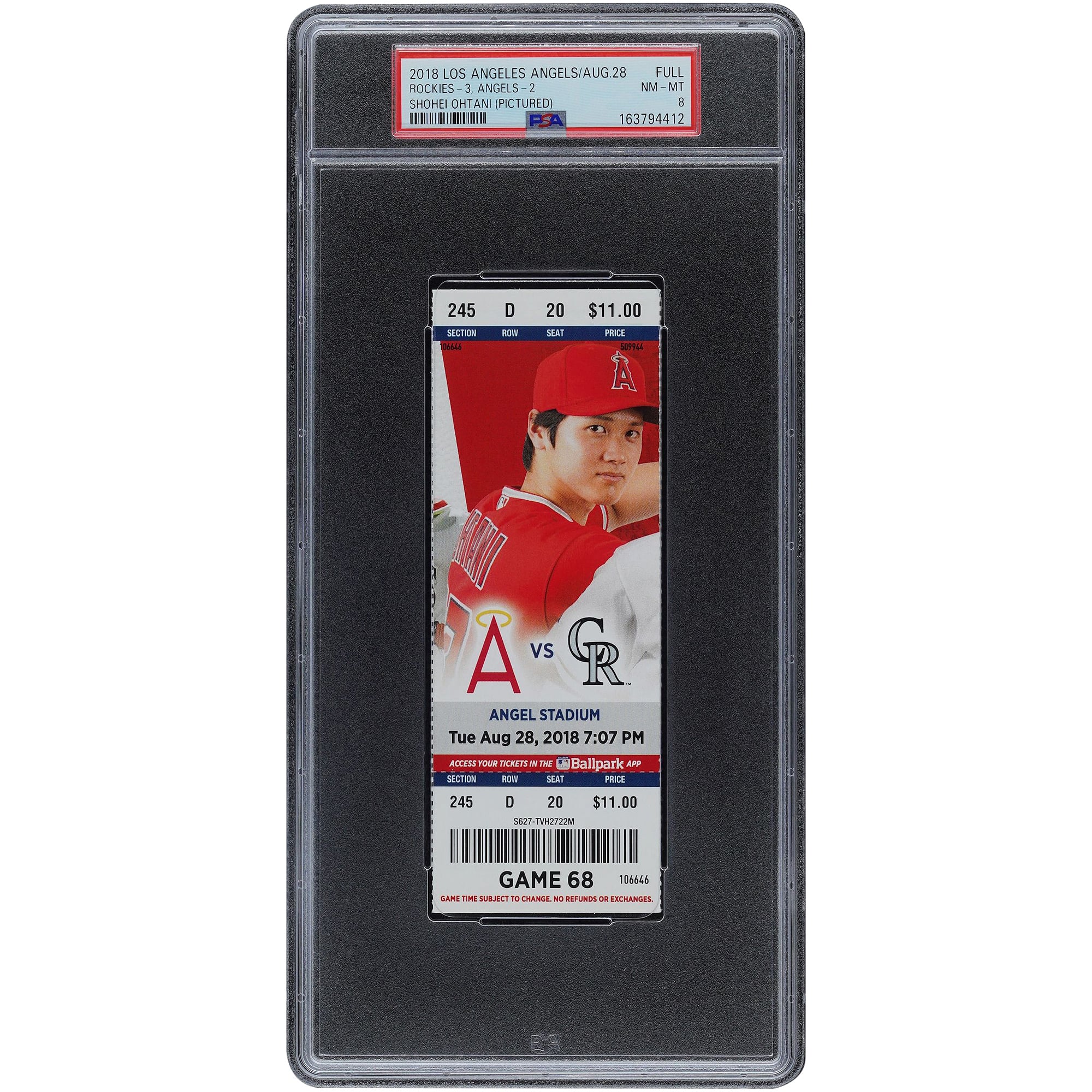 Shohei Ohtani Los Angeles Angels August 28, 2018 PSA Authenticated 8 Ticket