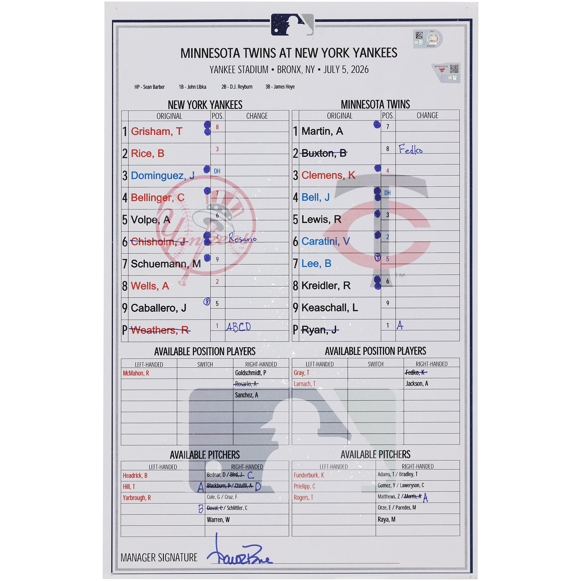 New York Yankees Game-Used Lineup Card vs. Minnesota Twins on July 5, 2026