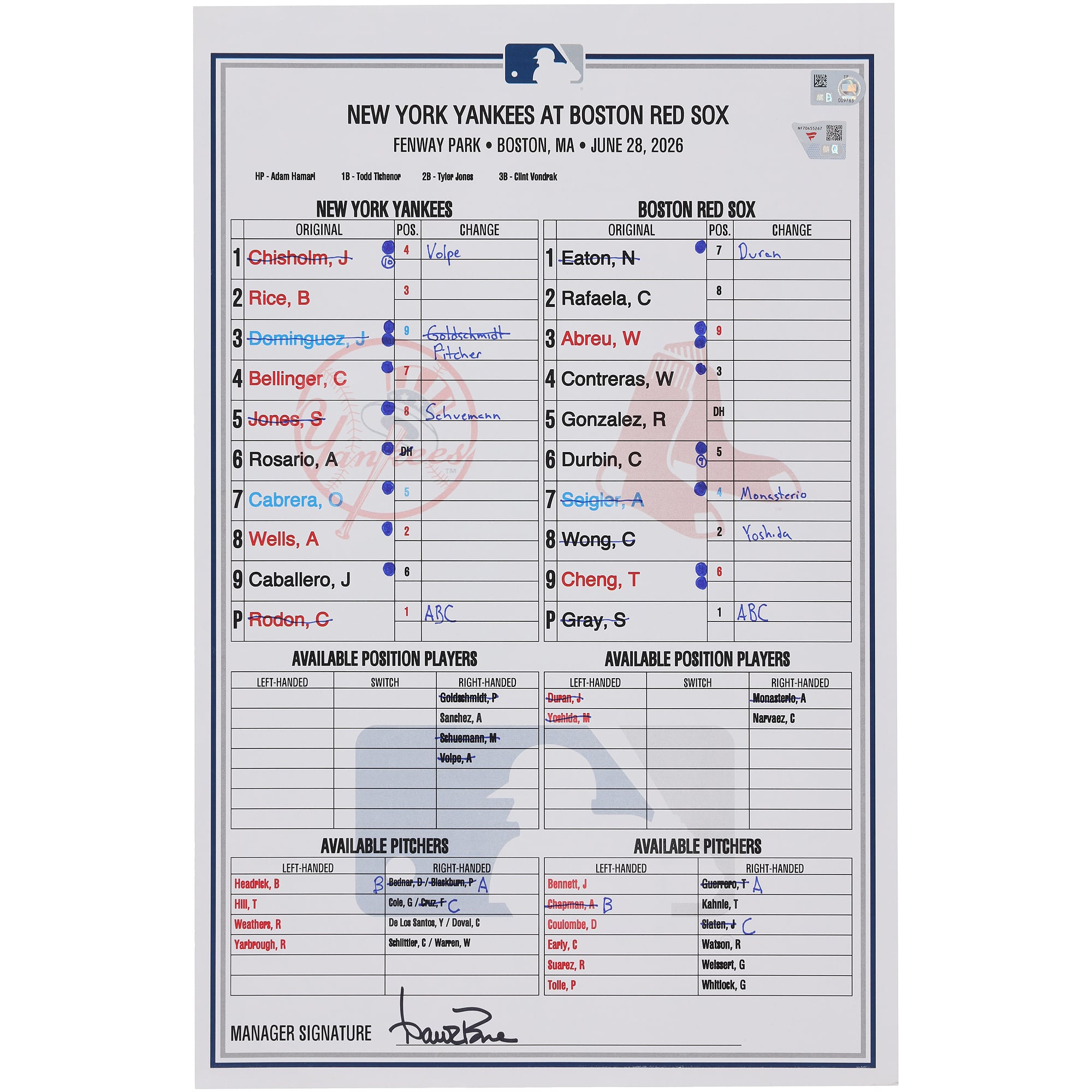 New York Yankees Game-Used Lineup Card vs. Boston Red Sox on June 28, 2026