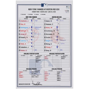 New York Yankees Game-Used Lineup Card vs. Boston Red Sox on June 28, 2026