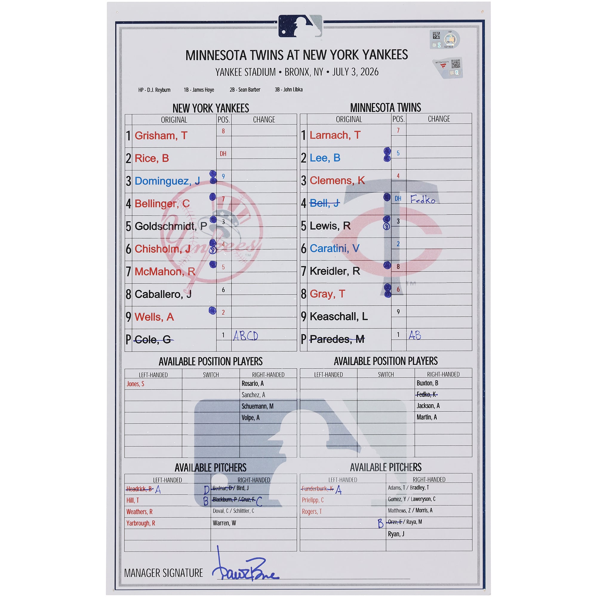 New York Yankees Game-Used Lineup Card vs. Minnesota Twins on July 3, 2026