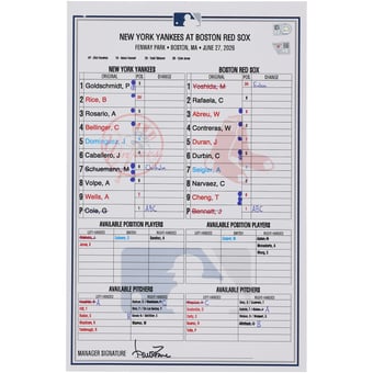New York Yankees Game-Used Lineup Card vs. Boston Red Sox on June 27, 2026