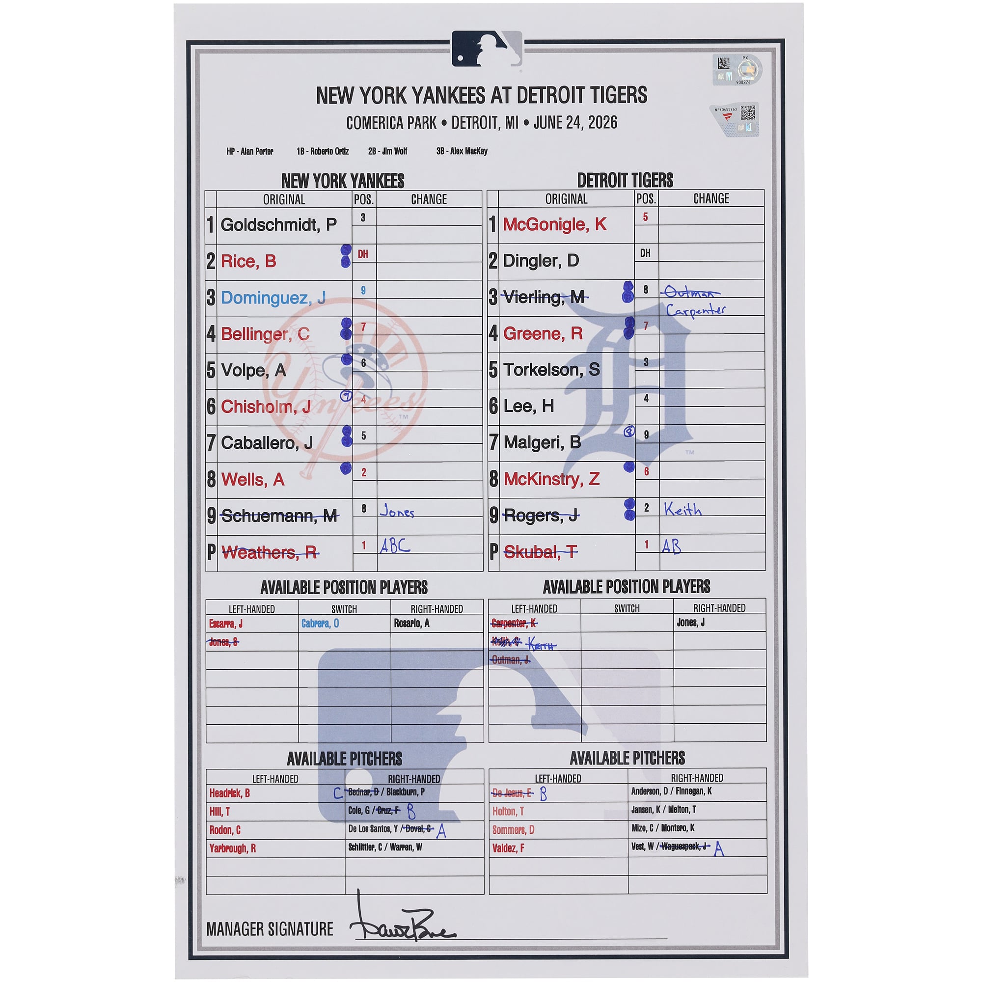 New York Yankees Game-Used Lineup Card vs. Detroit Tigers on June 24, 2026