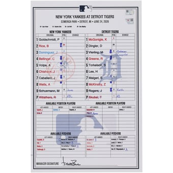 New York Yankees Game-Used Lineup Card vs. Detroit Tigers on June 24, 2026