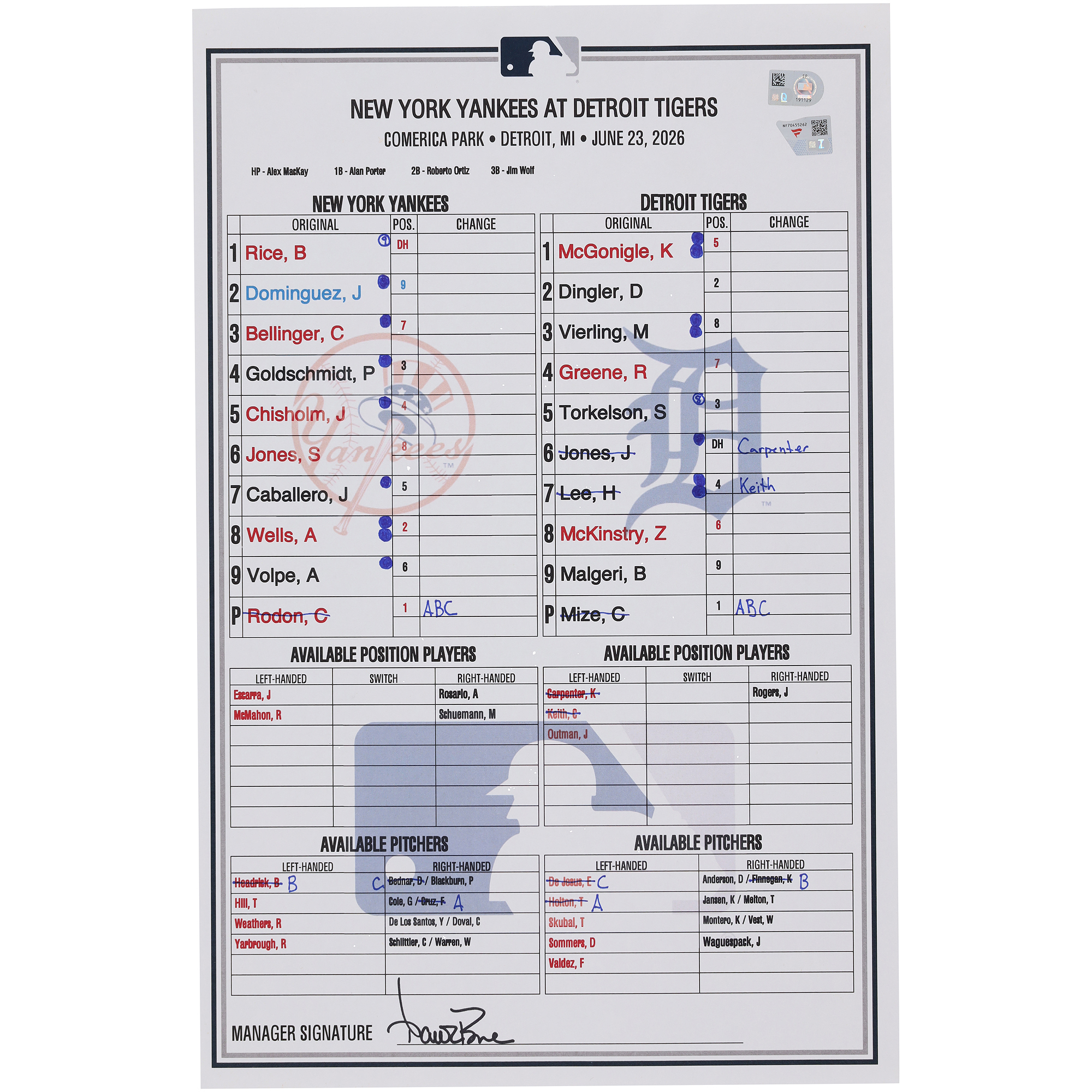 New York Yankees Game-Used Lineup Card vs. Detroit Tigers on June 23, 2026