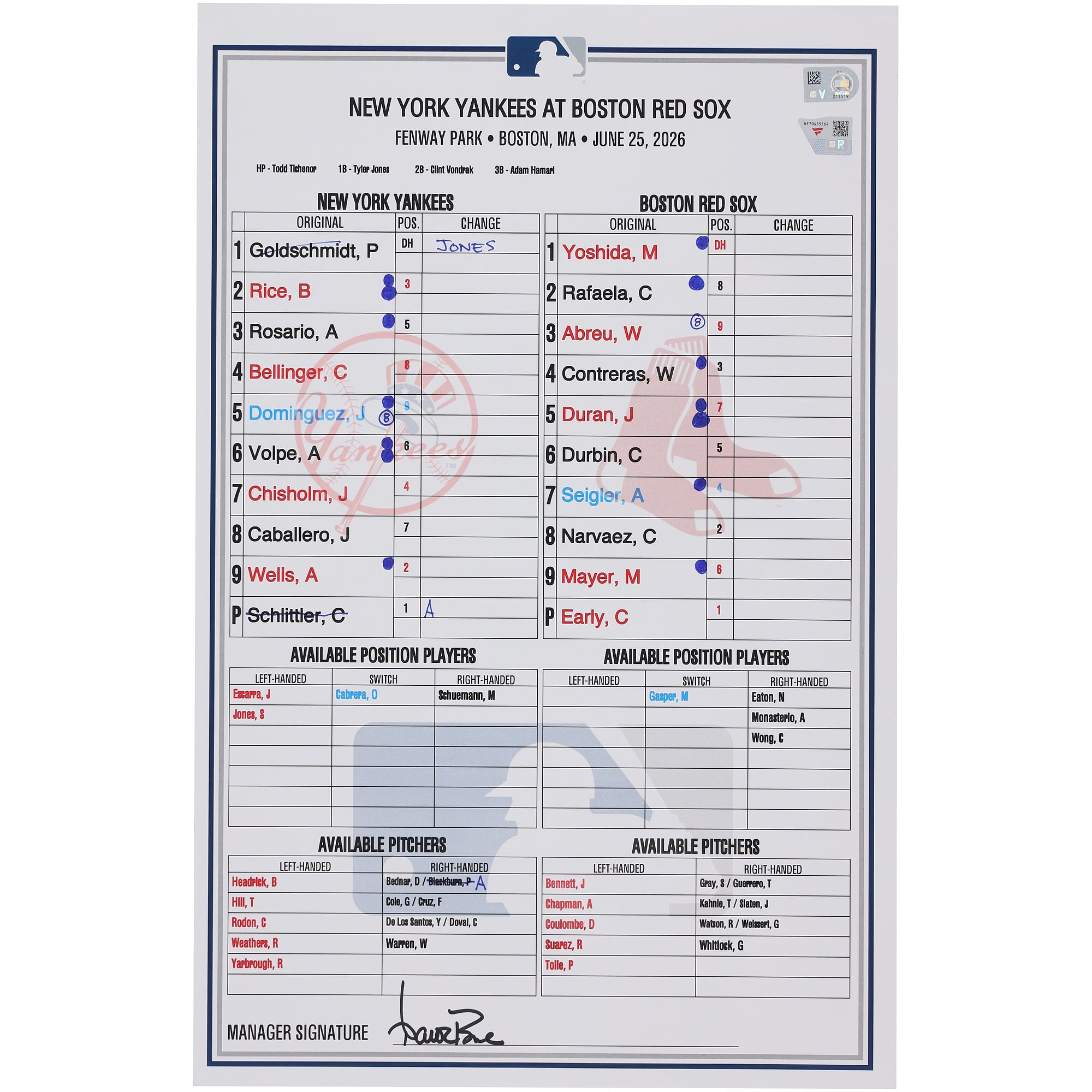 New York Yankees Game-Used Lineup Card vs. Boston Red Sox on June 25, 2026