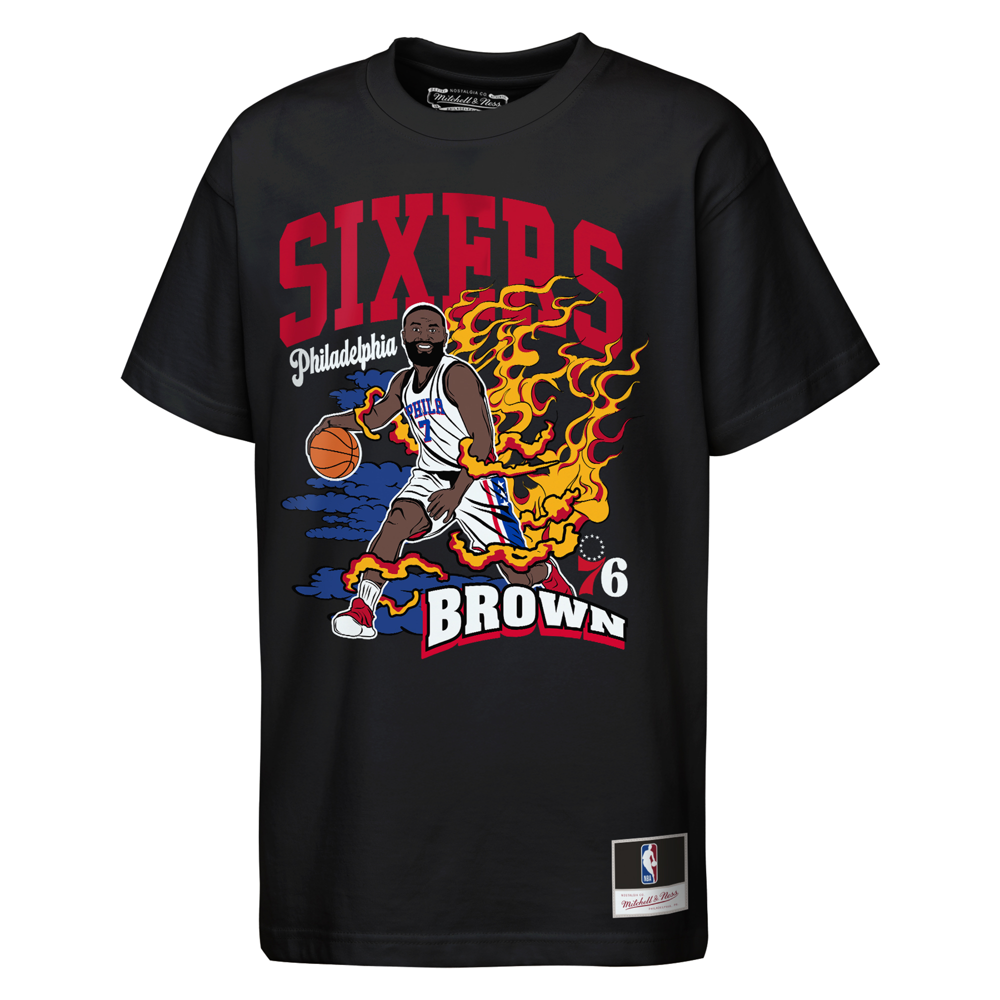 Mitchell & Ness Big Boys' and Girls' Jaylen Brown Black Philadelphia 76ers Fired Up T-Shirt - Black