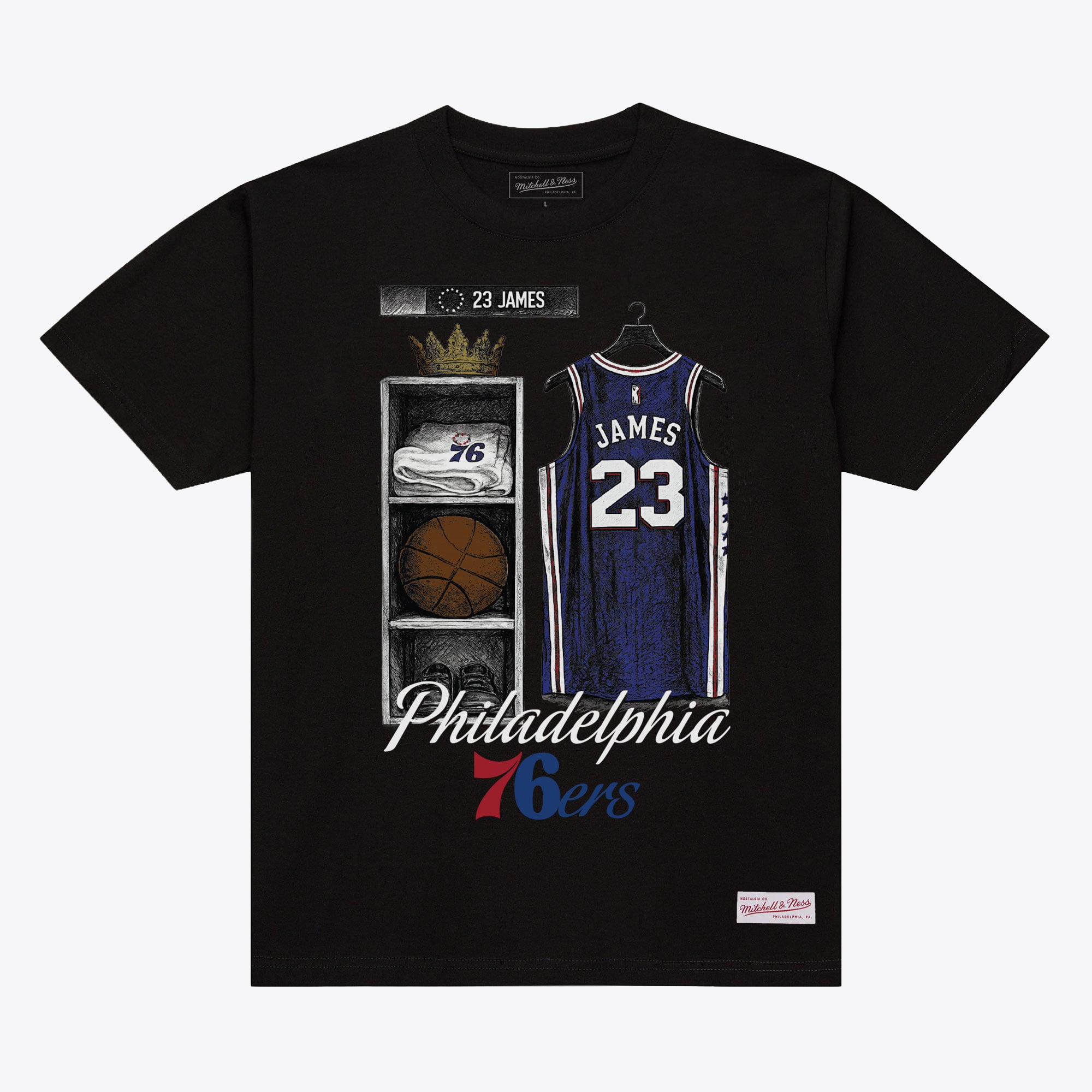 Men's Mitchell & Ness LeBron James Black Philadelphia 76ers Locker Room T-Shirt