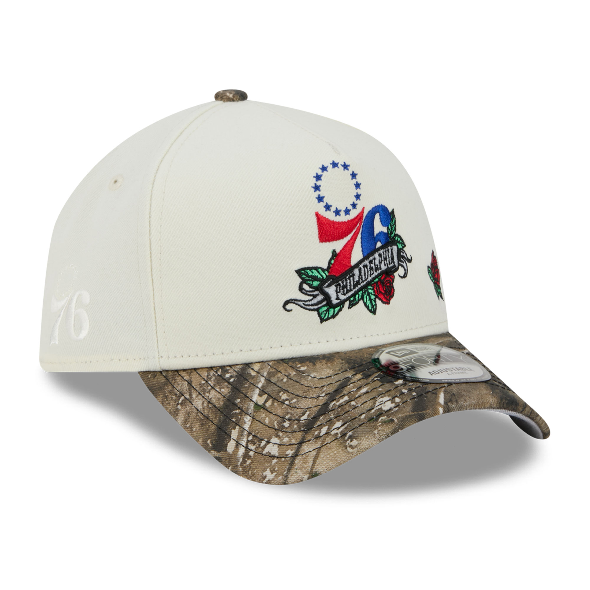 Men's New Era  Cream/Camo Philadelphia 76ers Rose Banner 9FORTY A-Frame Adjustable Hat
