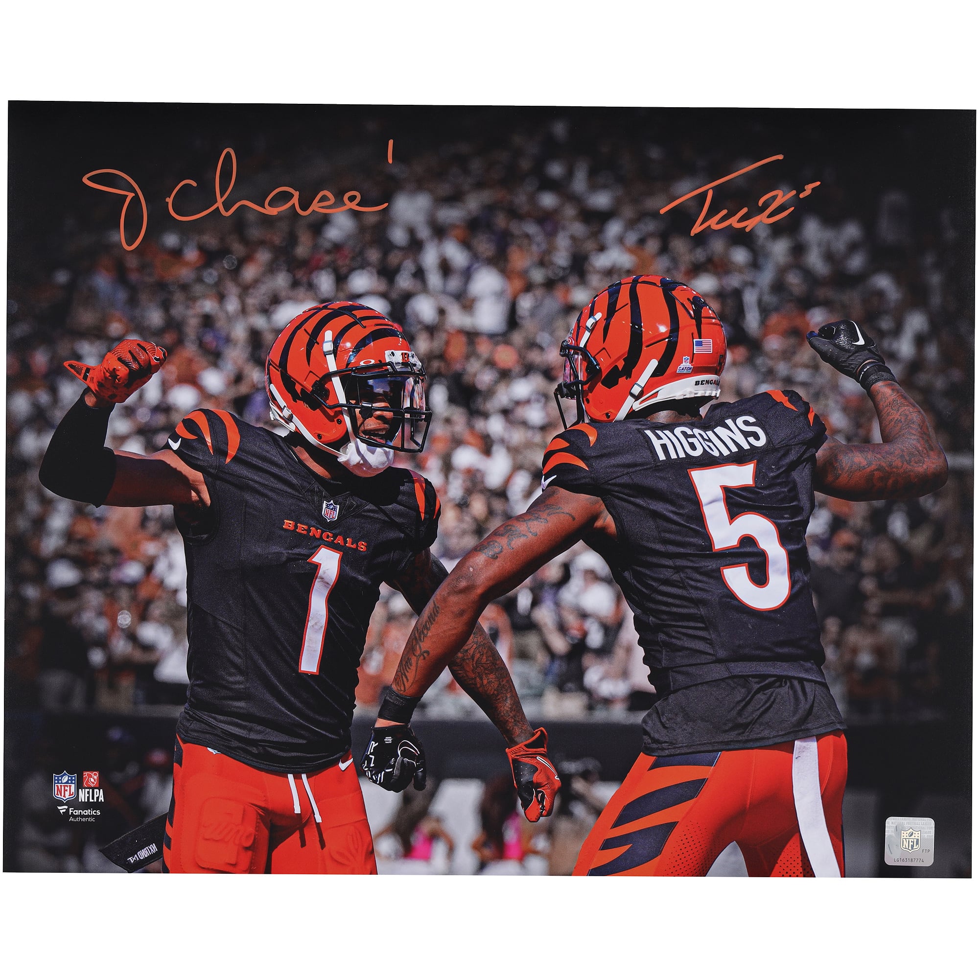Ja'Marr Chase & Tee Higgins Cincinnati Bengals Autographed 16" x 20" Celebration Spotlight Photograph