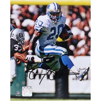 Barry Sanders Detroit Lions Autographed 8" x 10" Hurdle vs. Raiders Photograph