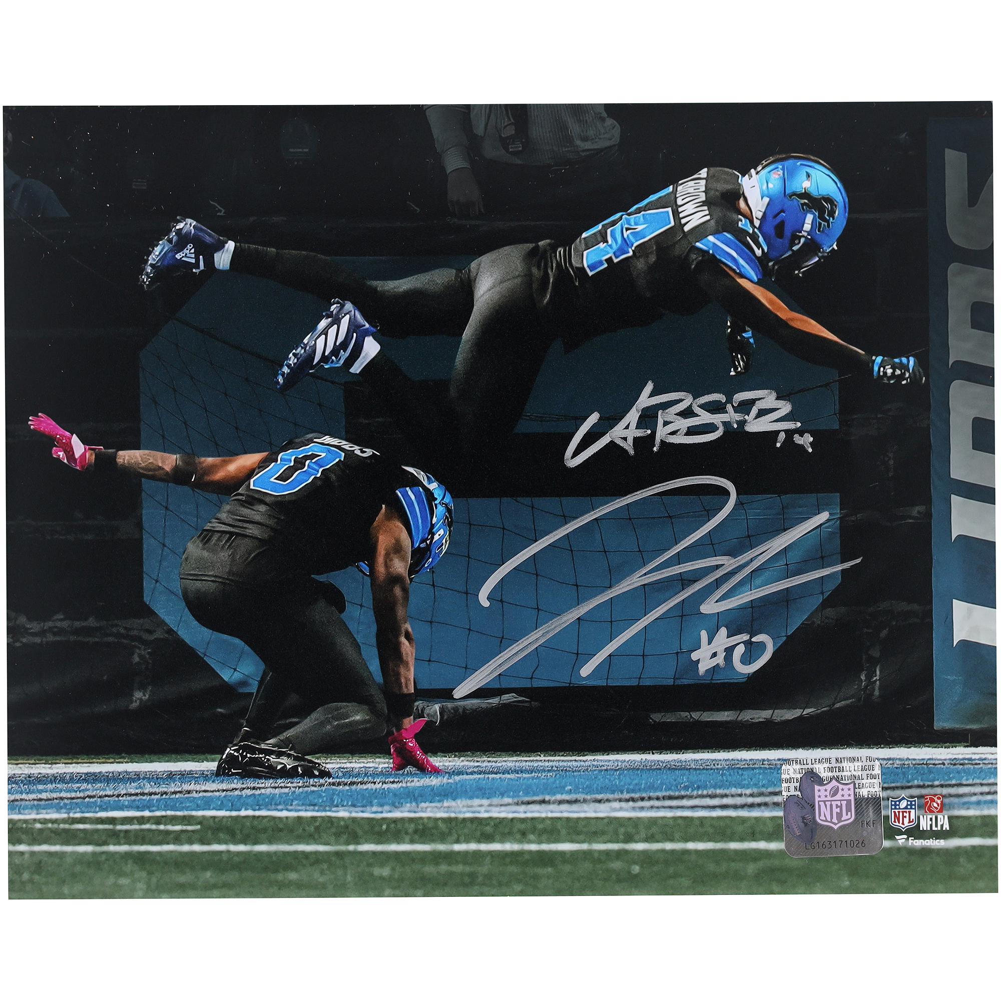 Jahmyr Gibbs & Amon-Ra St. Brown Detroit Lions Autographed 8" x 10" 2025 Week 7 Touchdown Celebration Leap Spotlight Photograph
