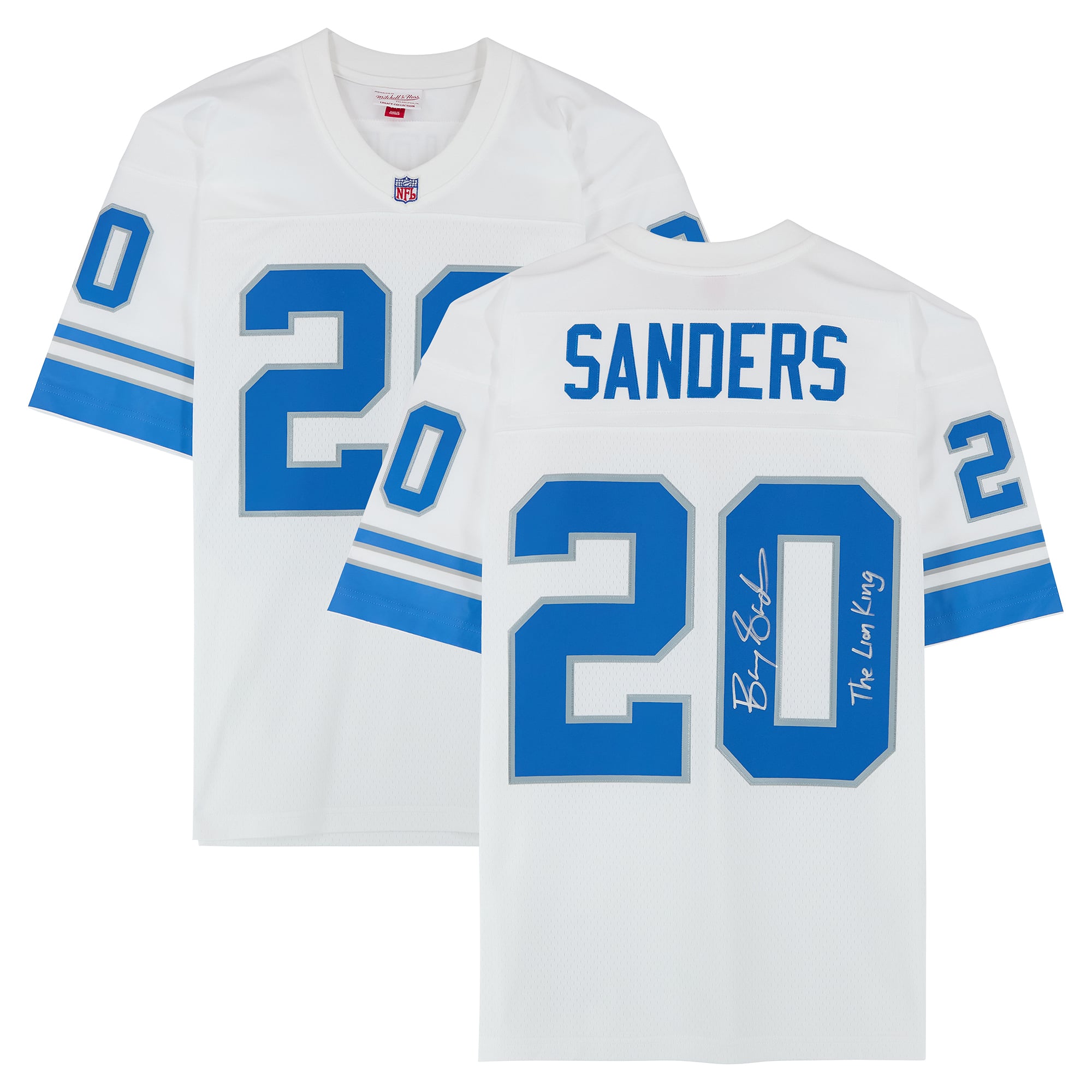 Barry Sanders Detroit Lions Autographed White Mitchell and Ness 1996 Legacy Replica Jersey with "Lion King" Inscription
