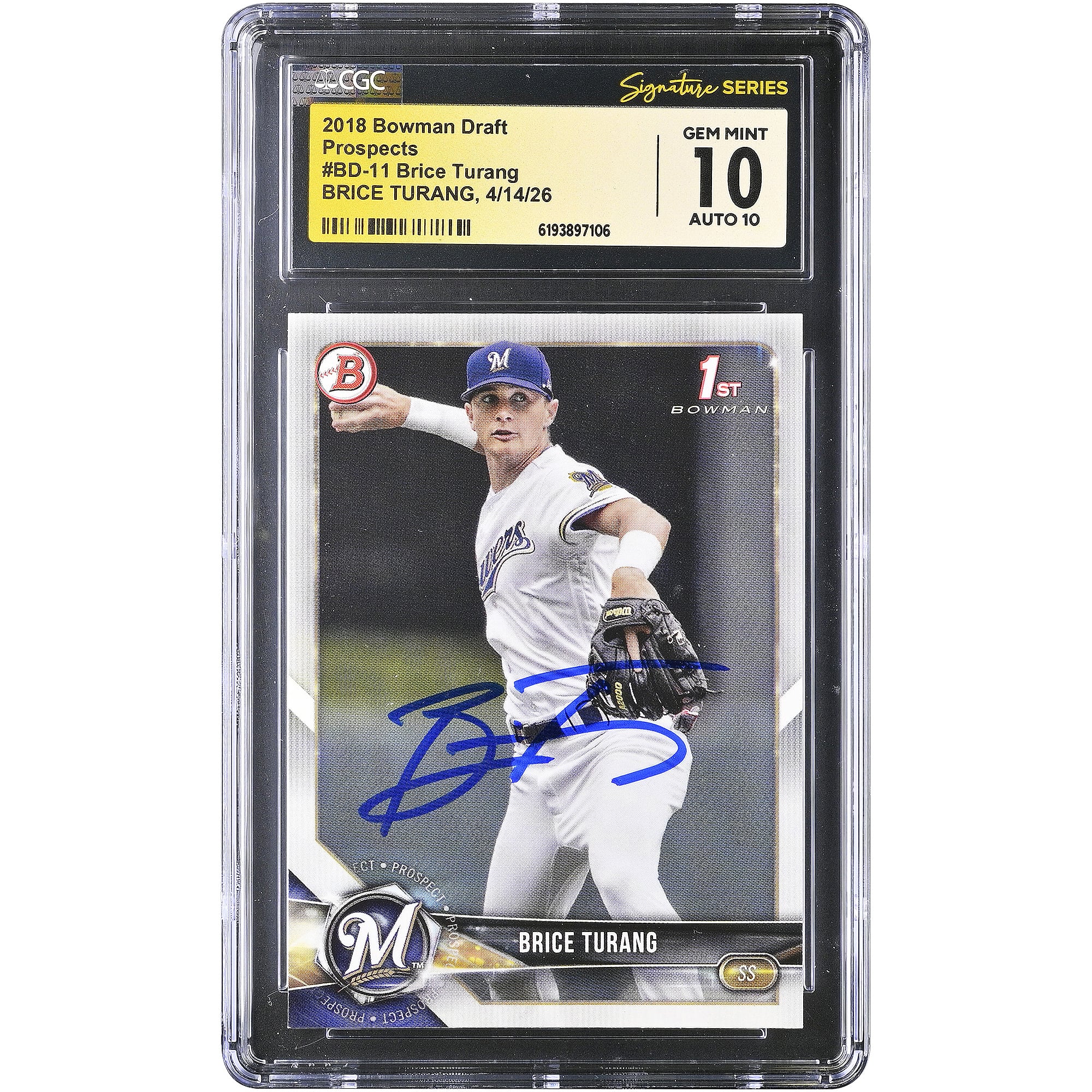 Brice Turang Milwaukee Brewers Autographed 2018 Bowman Draft Prospects #BD-11 CGC Fanatics Witnessed Authenticated 10/10 Card. rookie card picture