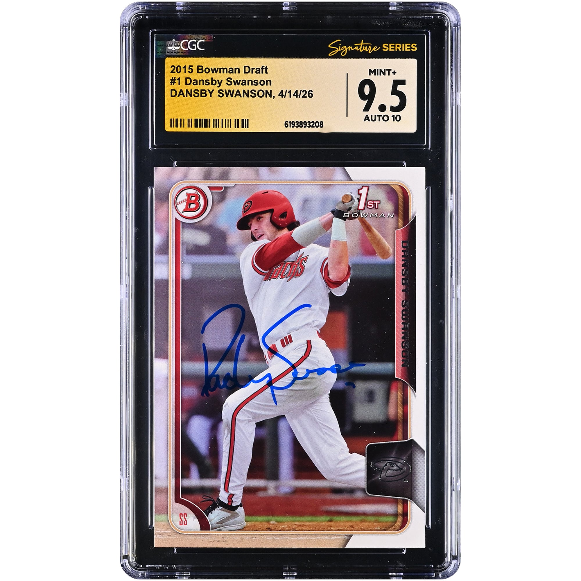 Tarjeta autografiada de Dansby Swanson de los Arizona Diamondbacks, número 1 del Draft Bowman 2015, autenticada por CGC Fanatics Witnessed (calificación 9.5/10).