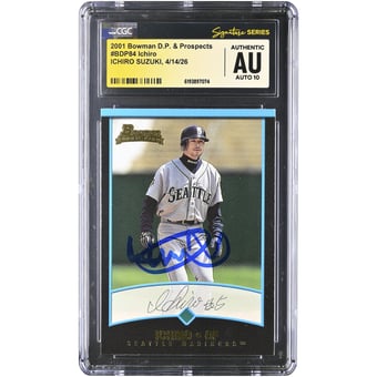 Ichiro Suzuki Seattle Mariners Autographed 2001 Bowman Draft Picks & Prospects #BDP84 CGC Fanatics Witnessed Authenticated AUTO 10 Rookie Card