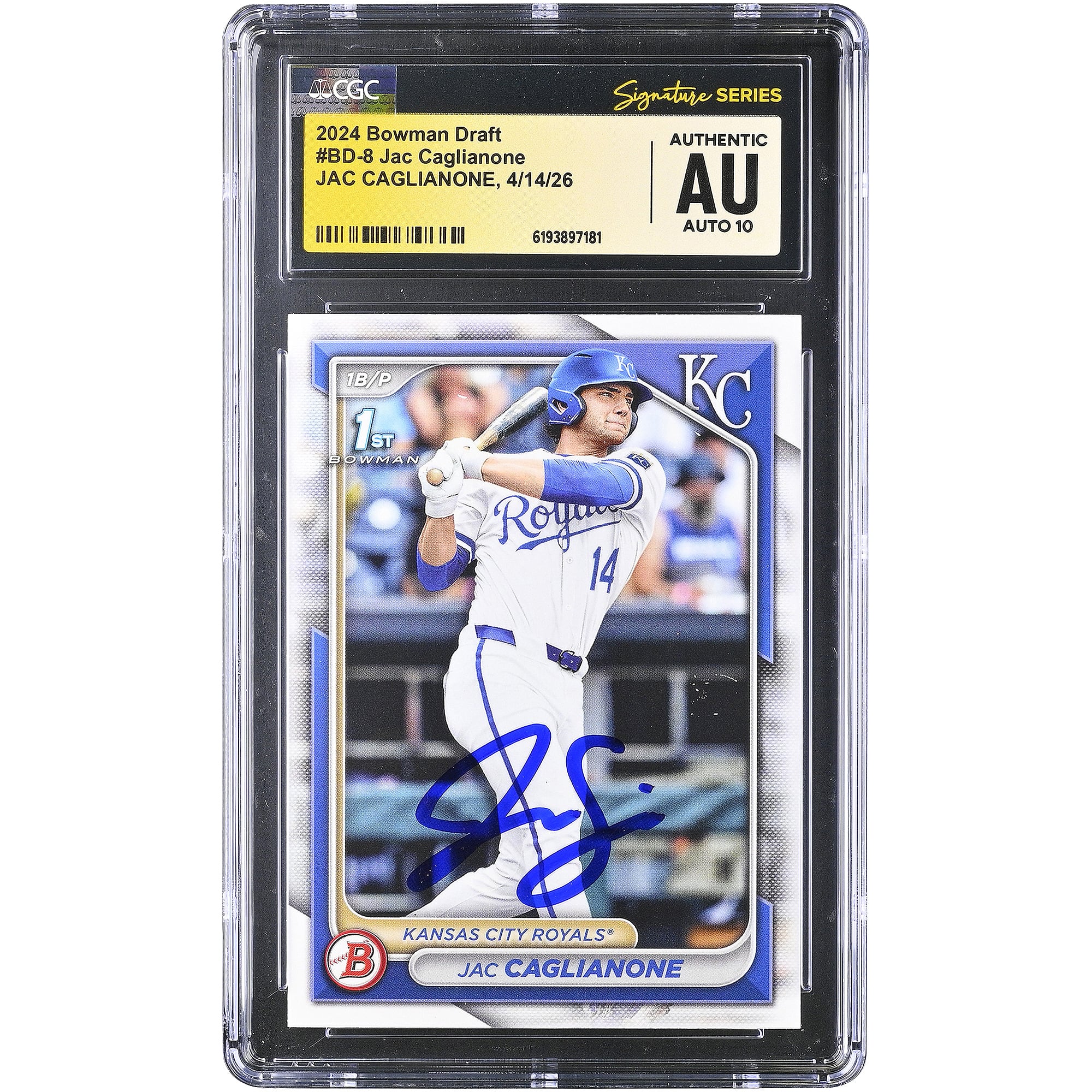 Jac Caglianone Kansas City Royals Autographed 2024 Bowman Draft #BD-8 CGC Fanatics Witnessed Authenticated AUTO 10 Card
