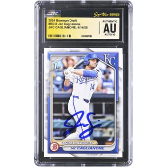 Jac Caglianone Kansas City Royals Autographed 2024 Bowman Draft #BD-8 CGC Fanatics Witnessed Authenticated AUTO 10 Card