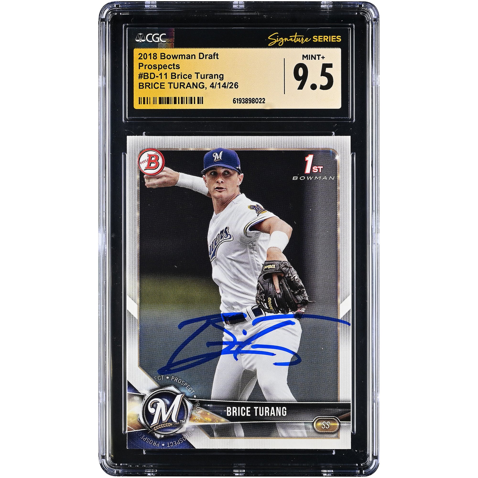 Brice Turang Milwaukee Brewers Autographed 2018 Bowman Draft Prospects #BD-11 CGC Fanatics Witnessed Authenticated MINT+ 9.5 Card. rookie card picture