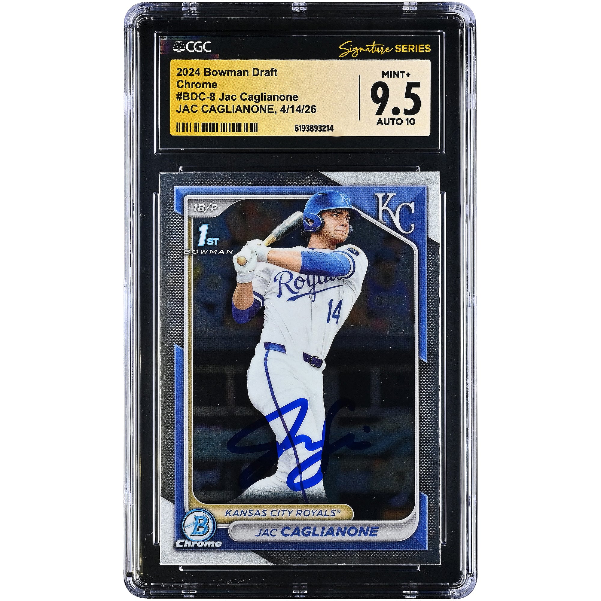 Tarjeta autografiada de Jac Caglianone de los Kansas City Royals, edición Bowman Draft Chrome 2024 #BDC-8, autenticada por CGC Fanatics Witnessed, calificación 9.5/10.
