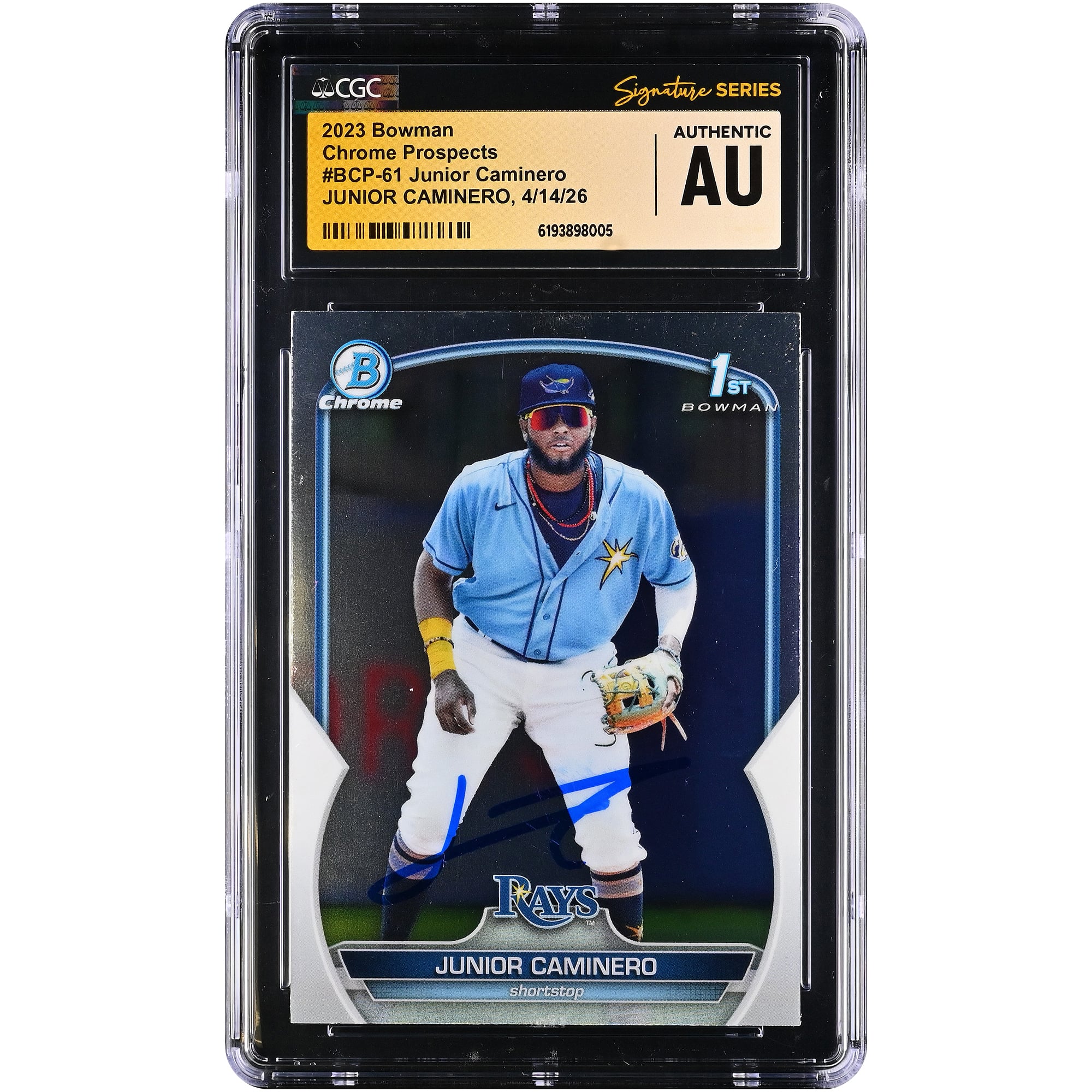 Junior Caminero Tampa Bay Rays Autographed 2023 Bowman Chrome Prospects #BCP-61 CGC Fanatics Witnessed Authenticated Card