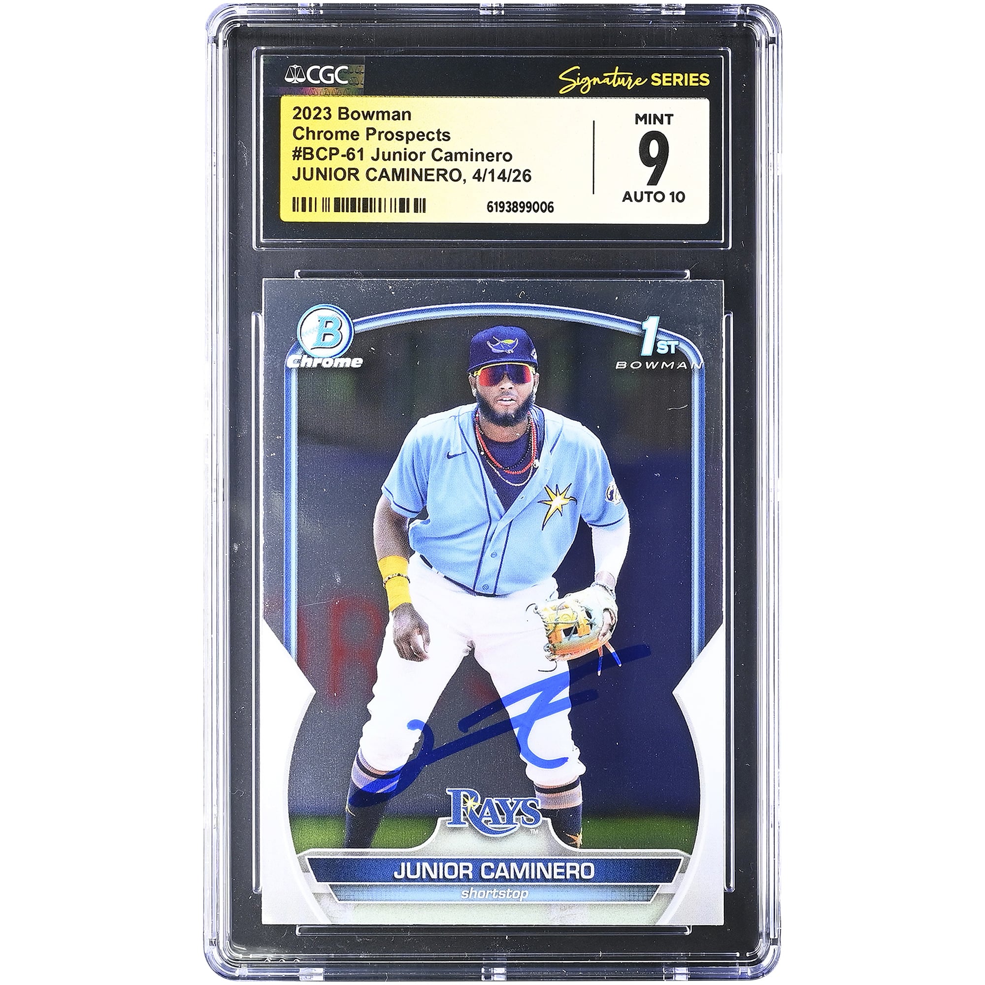 Junior Caminero Tampa Bay Rays Autographed 2023 Bowman Chrome Prospects #BCP-61 CGC Fanatics Witnessed Authenticated 9/10 Card. rookie card picture