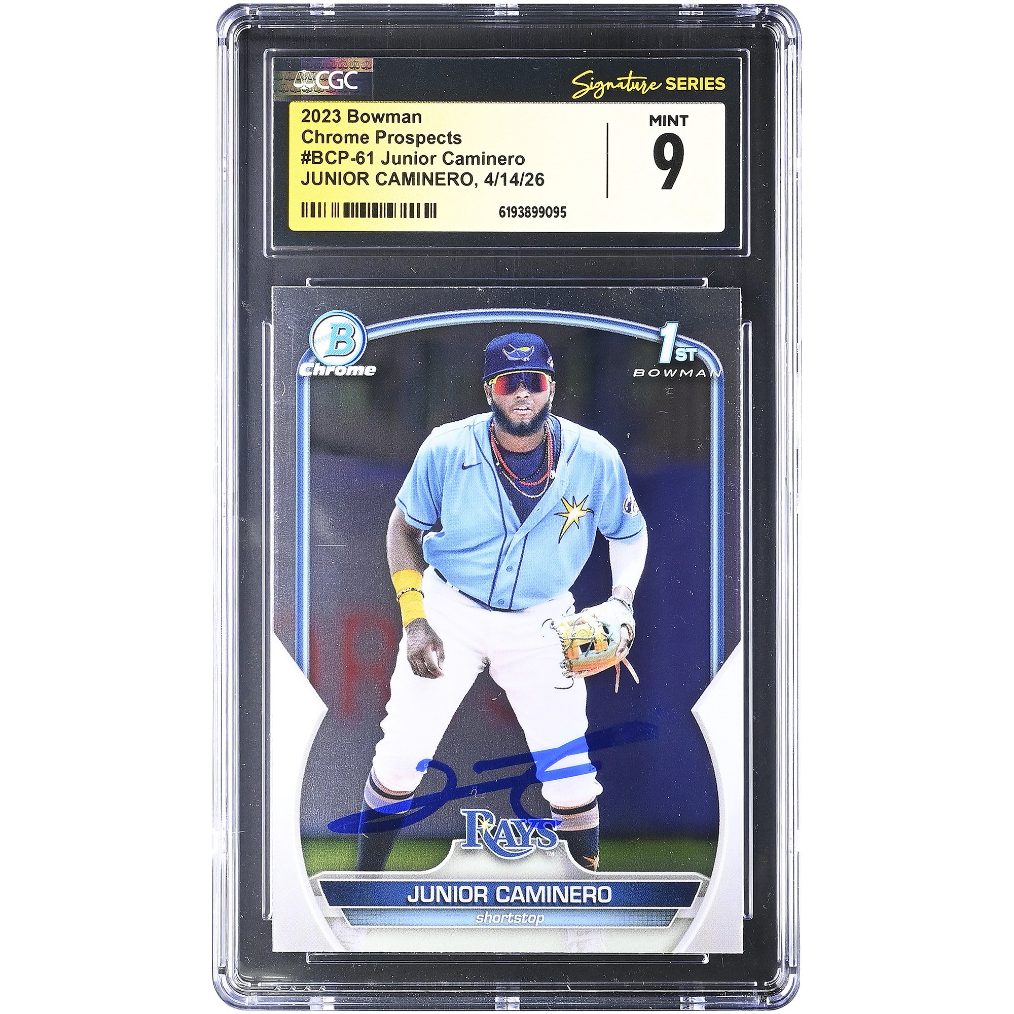 Junior Caminero Tampa Bay Rays Autographed 2023 Bowman Chrome Prospects #BCP-61 CGC Fanatics Witnessed Authenticated MINT 9 Card