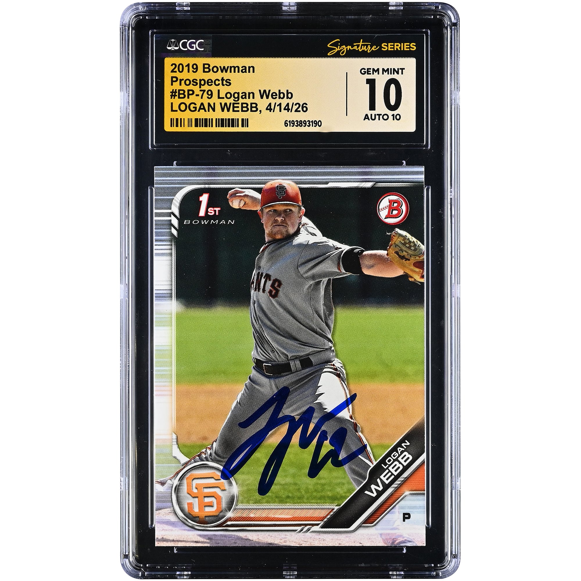 Logan Webb San Francisco Giants Autographed 2019 Bowman Prospects #BP-79 CGC Fanatics Witnessed Authenticated 10/10 Card
