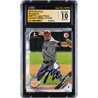 Logan Webb San Francisco Giants Autographed 2019 Bowman Prospects #BP-79 CGC Fanatics Witnessed Authenticated 10/10 Card