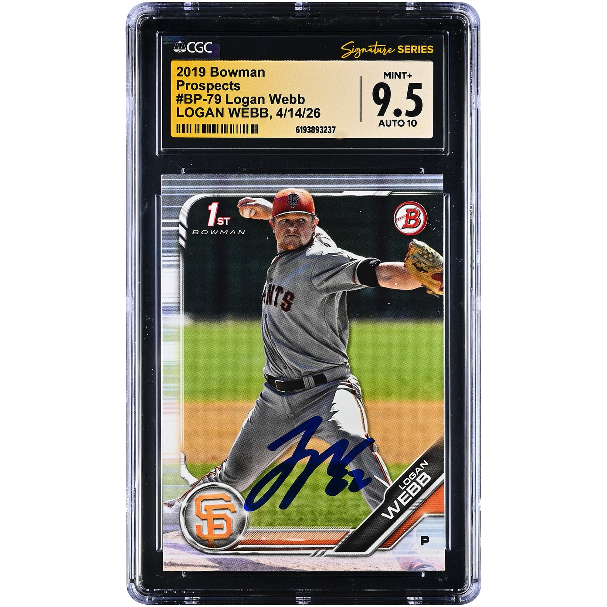 Logan Webb San Francisco Giants Autographed 2019 Bowman Prospects #BP-79 CGC Fanatics Witnessed Authenticated 9.5/10 Card. rookie card picture