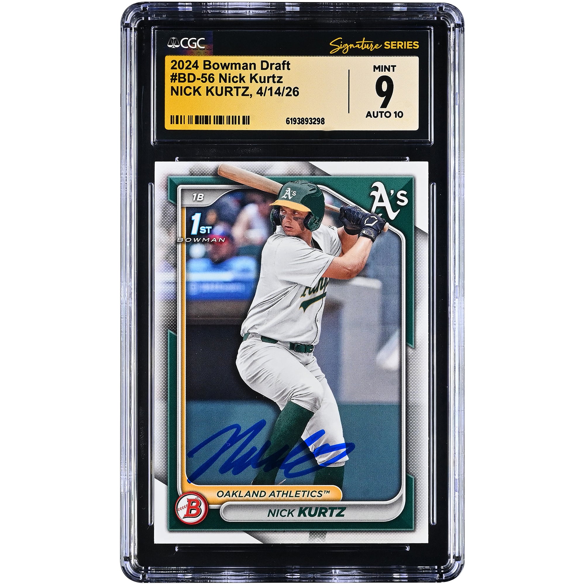 Nick Kurtz Oakland Athletics Autographed 2024 Bowman Draft #BD-56 CGC Fanatics Witnessed Authenticated 9/10 Card. rookie card picture