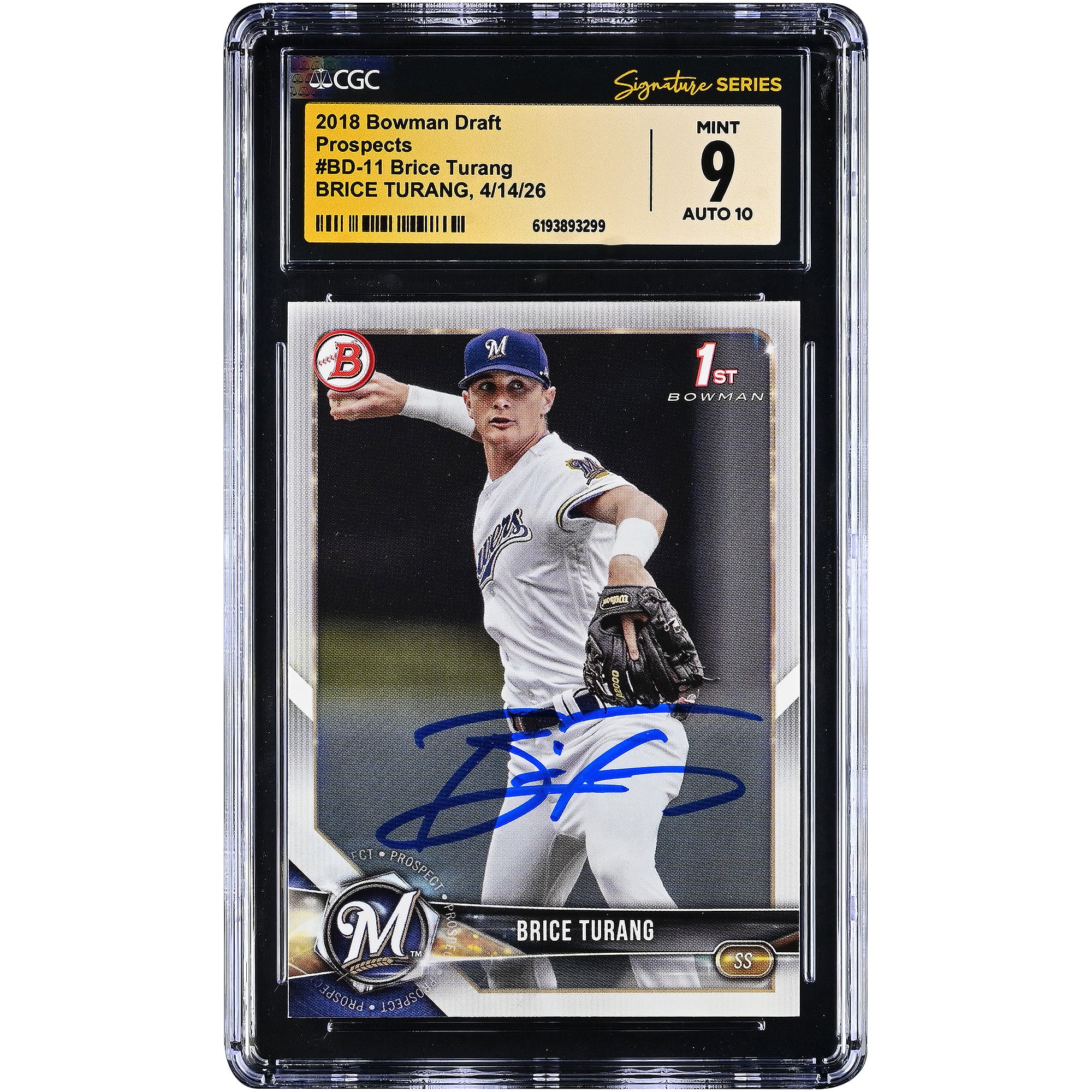 Brice Turang Milwaukee Brewers Autographed 2018 Bowman Draft Prospects #BD-11 CGC Fanatics Witnessed Authenticated 9/10 Card. rookie card picture