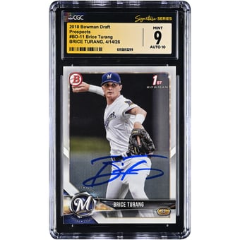 Brice Turang Milwaukee Brewers Autographed 2018 Bowman Draft Prospects #BD-11 CGC Fanatics Witnessed Authenticated 10/10 Card